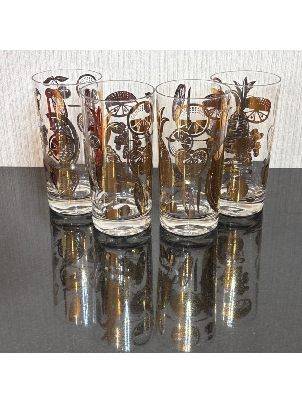 Vtg Culver 22K Gold Highball Glasses Florentine Fruits Set of 4 60s MCM Barware